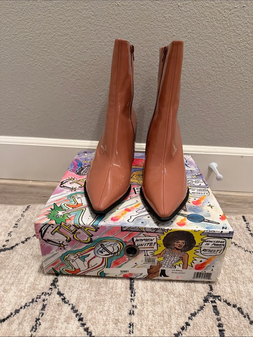 Jeffrey Campbell LA Siren Patent Pointed Block Heel Ankle Boots - Blush NIB